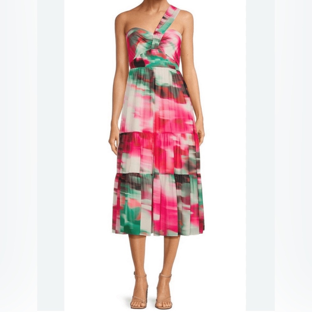 Belle by Badgley Mischka Remi Georgette Strapless One Shoulder Midi Dress Size 0